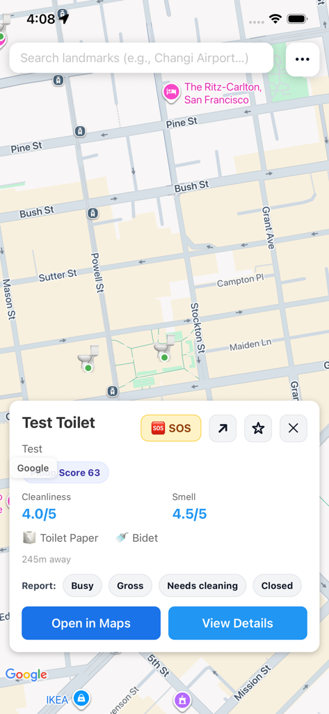 Ploop - Ploop app map screen showing restroom location details with cleanliness and smell ratings