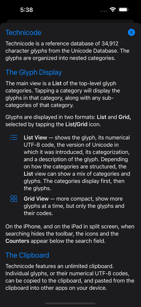 Help page of the Technicode app detailing glyph display and clipboard features
