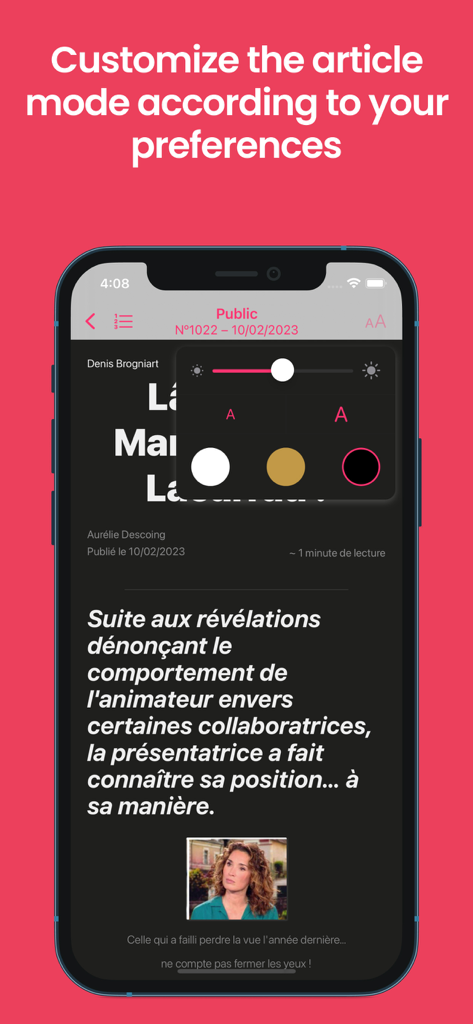 Article mode customization settings in the Discover Press app