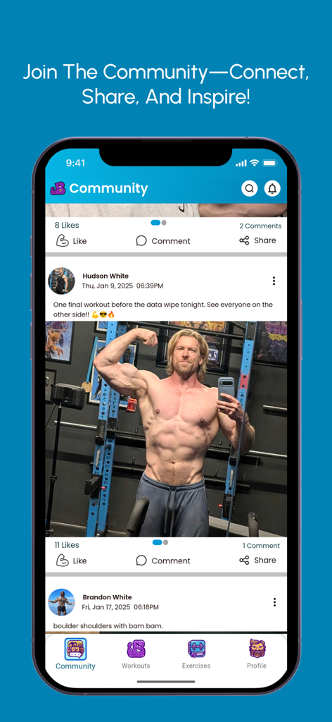 BUFF | Gym Workout Tracker - The community social feed in the BUFF Gym Workout Tracker app featuring workout posts and photos from the Buff Dudes.