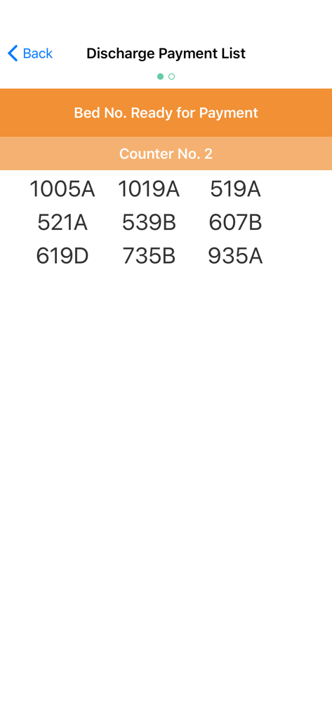 A list of hospital bed numbers ready for discharge payment within the Union Hospital app.
