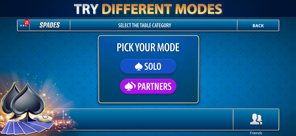 Spades by Pokerist - Écran de sélection des modes de jeu solo et en équipe dans Spades by Pokerist.