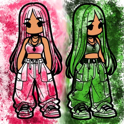 girl in baggy pants crop top and long hair