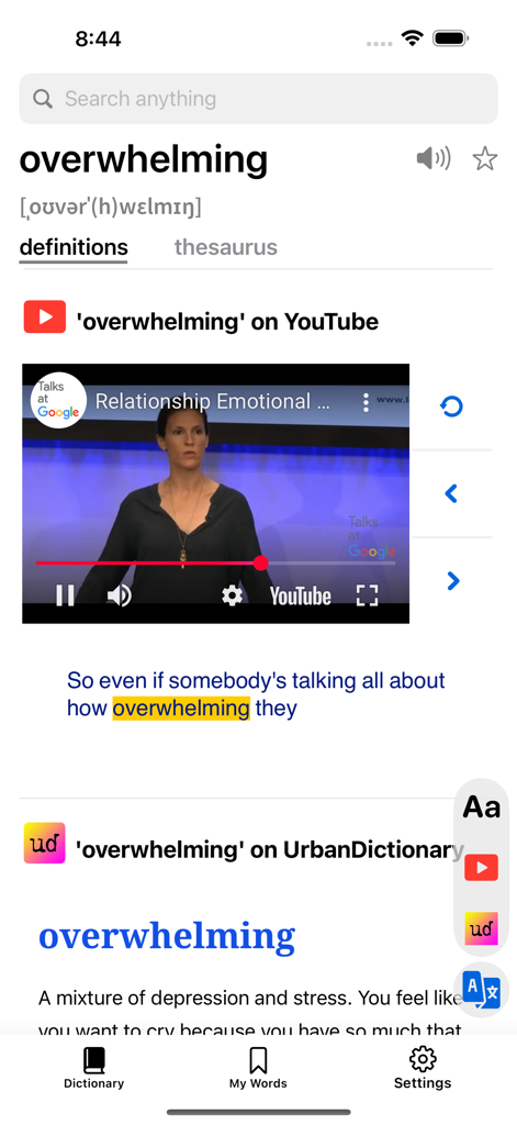 Deep Dictionary - Deep Dictionary app interface showing a word definition with integrated YouTube video usage and Urban Dictionary entry