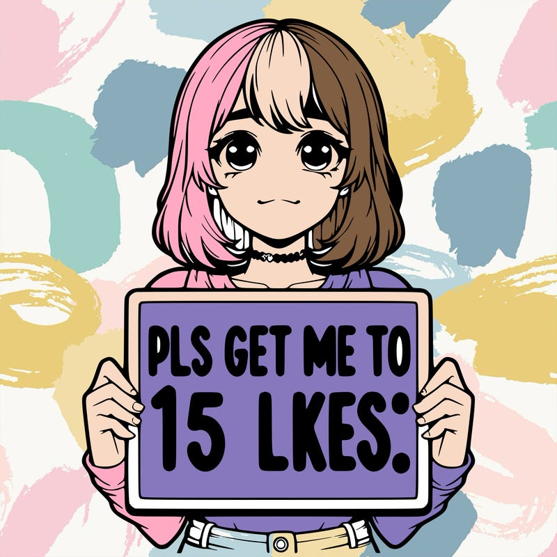 realistic girl holding up a sign that says “pls get me to 15 likes!”