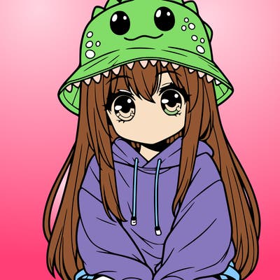 girl with anime shaped eyes with a dinosaur bucket hat oversized sweatshirt long straight hair