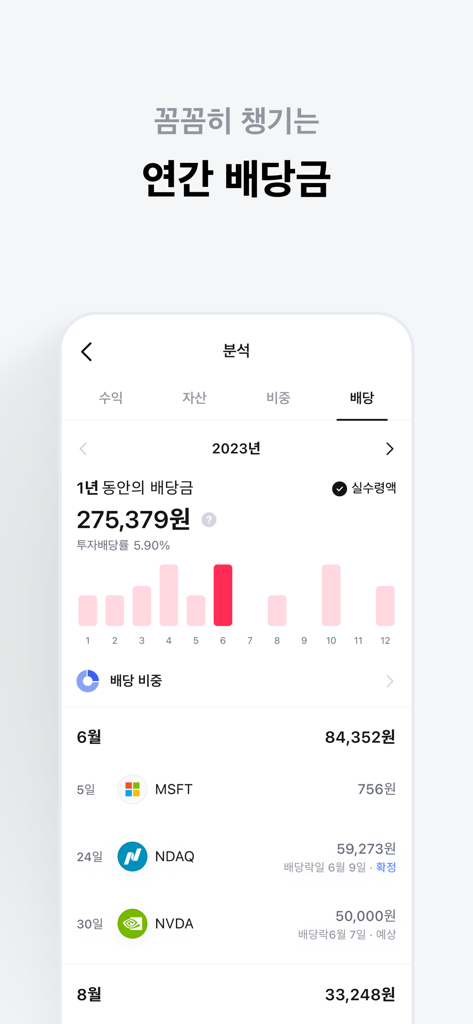 Domino投資アプリ。年間配当追跡と月次収益チャートを表示。