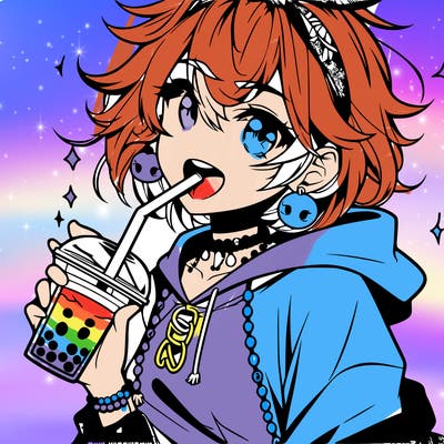 hot baddie anime girl drinking boba and biting the straw