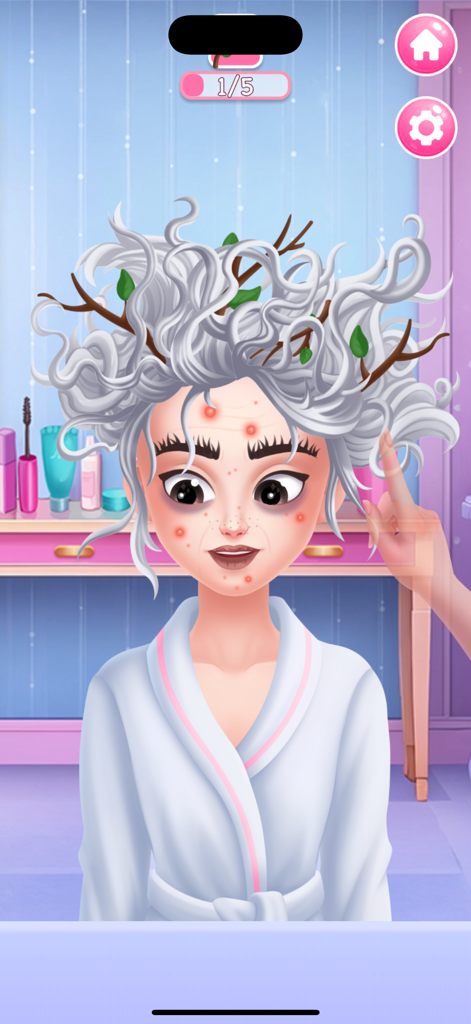 Beauty Salon Girl - Personaje con cabello desordenado e imperfecciones en la piel antes de un cambio de imagen en un juego de salón de belleza