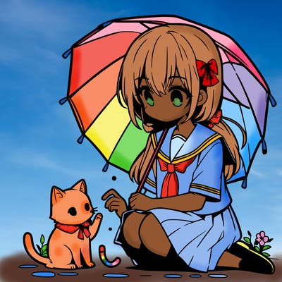 anime middle school girl sitting down petting a cat while holding an umbrella