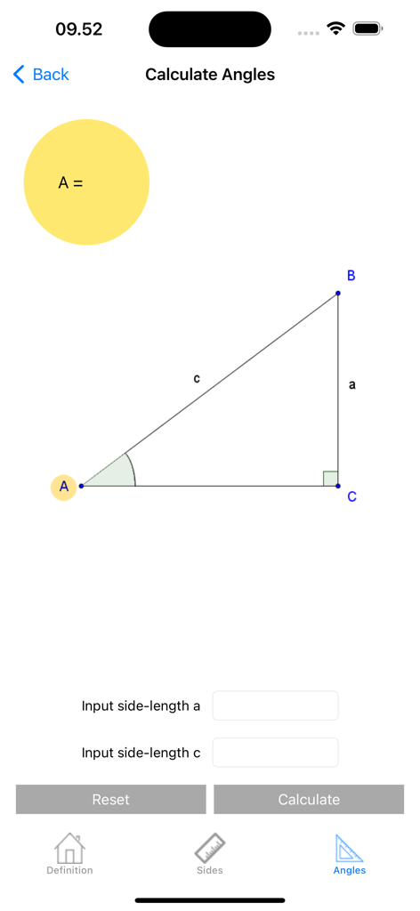 Interface of the Trigonometry Calc app showing a right triangle diagram for calculating angles