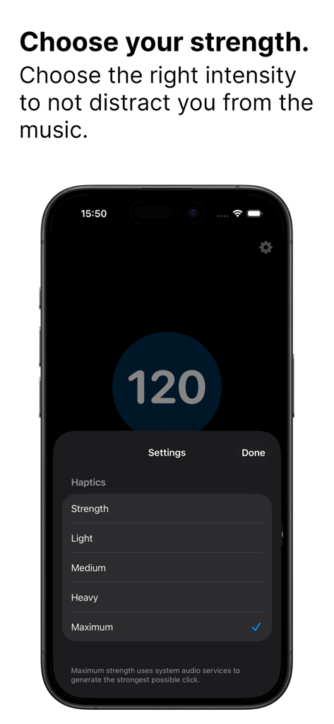 Pulse: Metronome Haptic+Quiet - Einstellungsmenü für haptische Stärke in der Pulse Metronom App zur Auswahl der Vibrationsintensität.