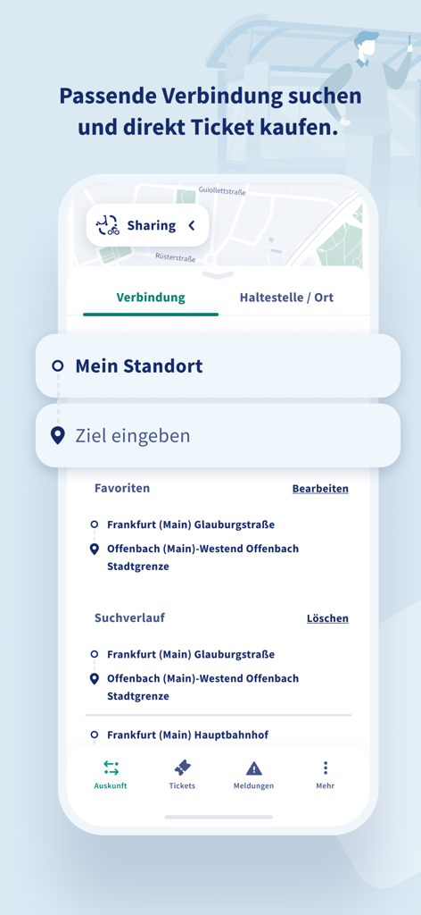 RMVgo - Interfaz de la app móvil RMVgo para buscar conexiones de transporte público y comprar billetes