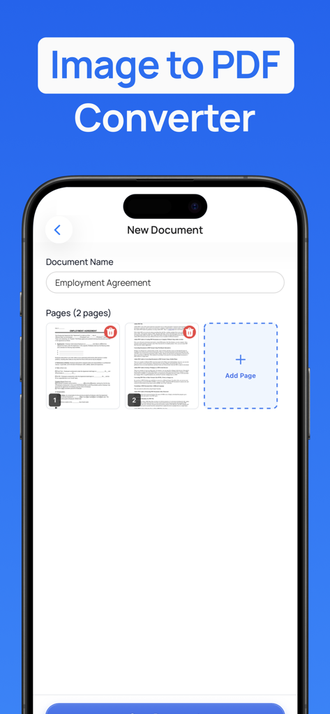 Signature Maker & PDF Signer - Smartphone screen showing the image to PDF conversion feature for an employment agreement document in the Signature Maker app