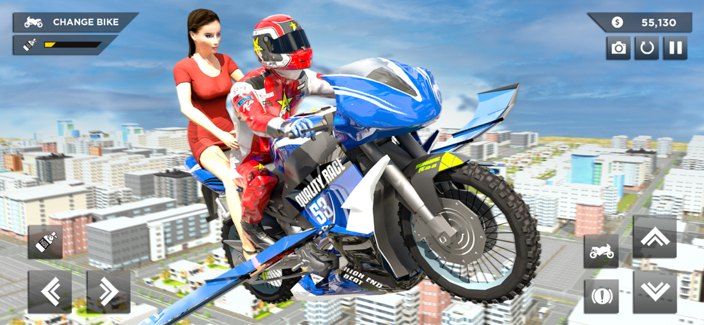 Flying Bike – Fly Motorbike 3D - A blue flying motorcycle with a rider and passenger soaring above a city in the Flying Bike 3D game