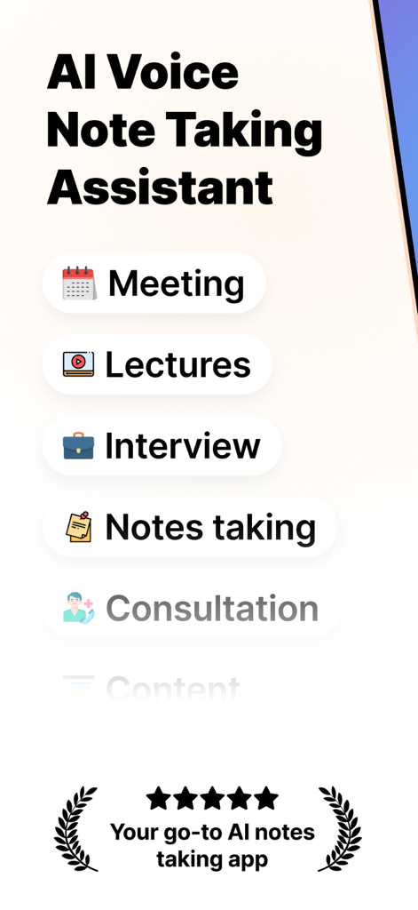AI Note Taker: Voice & Video - AI voice note taking app interface showing options for meeting lectures interviews and consultation