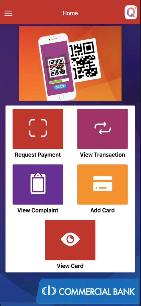 ComBank QPlus Merchant - Pantalla de inicio de la aplicación ComBank QPlus Merchant mostrando opciones de pago y gestión de tarjetas