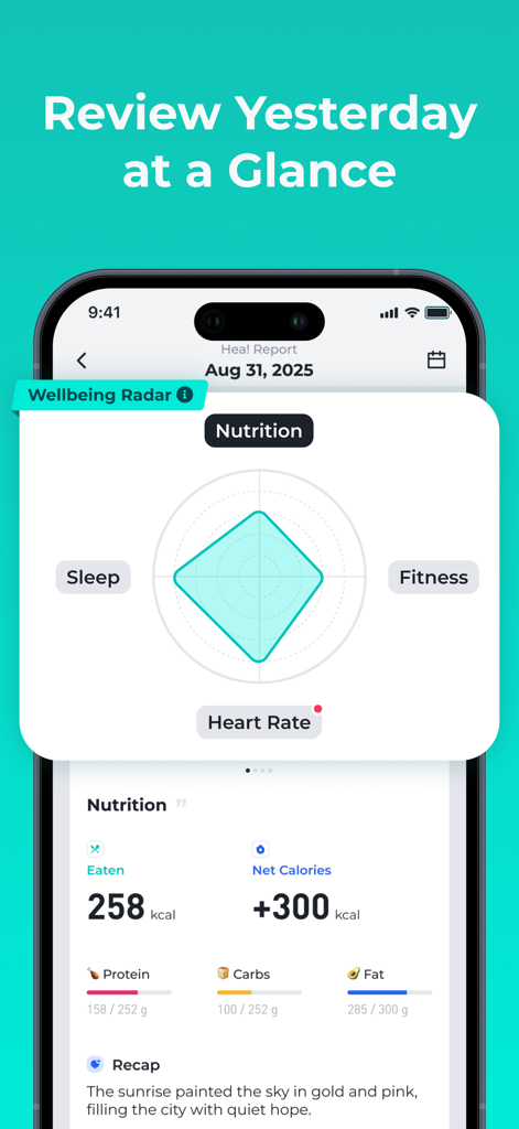 Hea! - Health Companion - A screenshot of the Hea! app displaying a wellbeing radar chart and daily nutrition summary