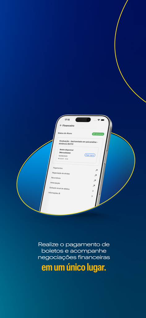 Captura de tela do app Uninter mostrando a seção financeira para gerenciar pagamentos de mensalidades e boletos universitários