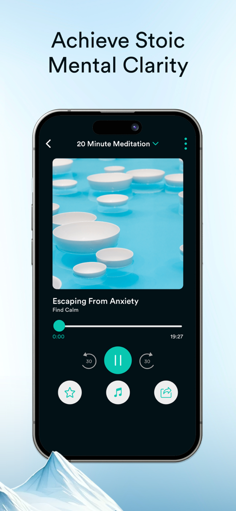 Daily Stoic Philosophy: Stoa - A smartphone showing the Stoa app's meditation player with a session titled Escaping From Anxiety and the heading Achieve Stoic Mental Clarity.