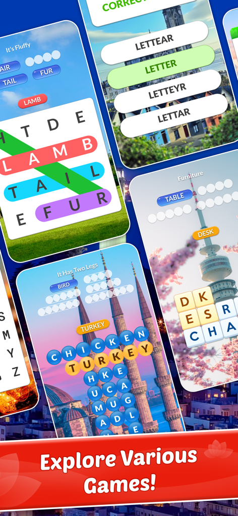 Multiple gameplay screens of Word Town showing word search spelling quiz and word connect puzzles with scenic city backgrounds