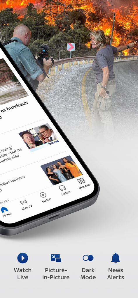 Sky News mobile app interface highlighting watch live, dark mode, and news alerts features