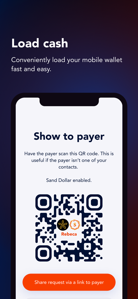SunCash Bahamas - SunCash Bahamas mobile wallet interface showing a QR code for loading cash and requesting payments