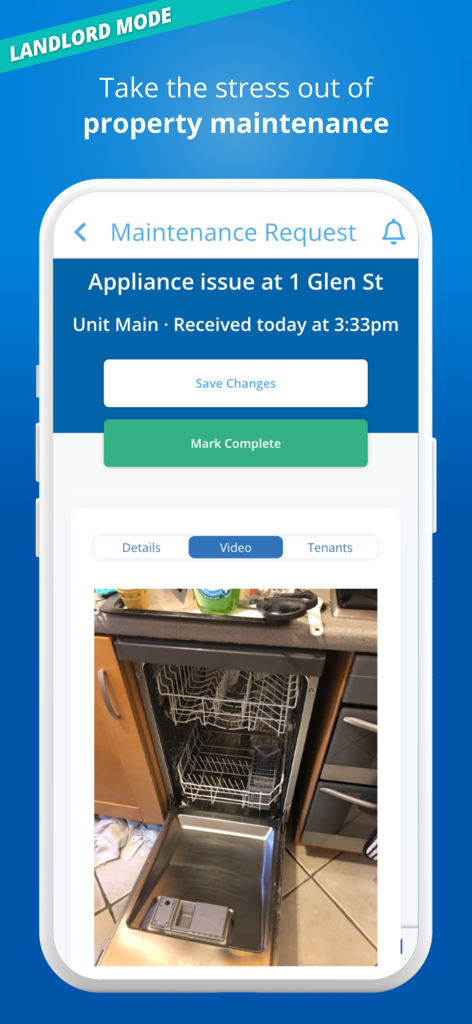 RentRedi for Tenants & Owners - RentRedi landlord mobile app interface showing a maintenance request for a dishwasher appliance.