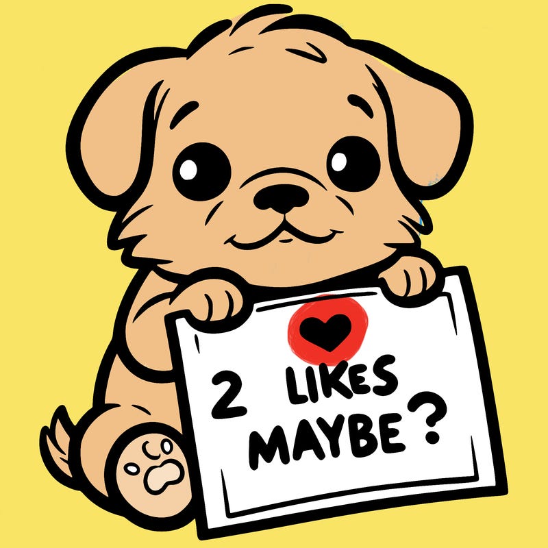 a puppy holding a sign that says 2 likes maybe?