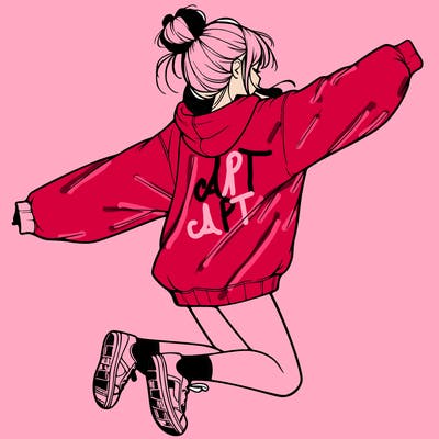 realistic girl jumping with a bun and oversized sweatshirt