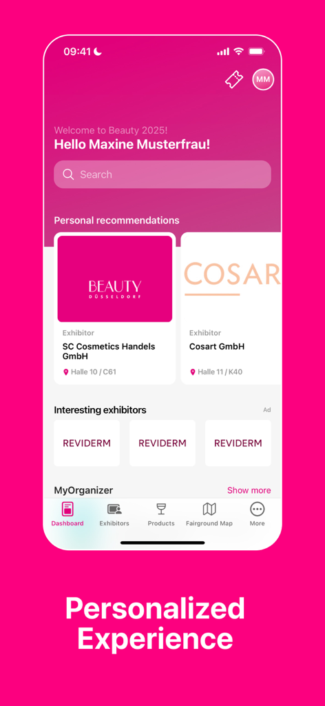 Mobile Ansicht der BEAUTY DÜSSELDORF App, die ein personalisiertes Dashboard mit Ausstellerempfehlungen anzeigt