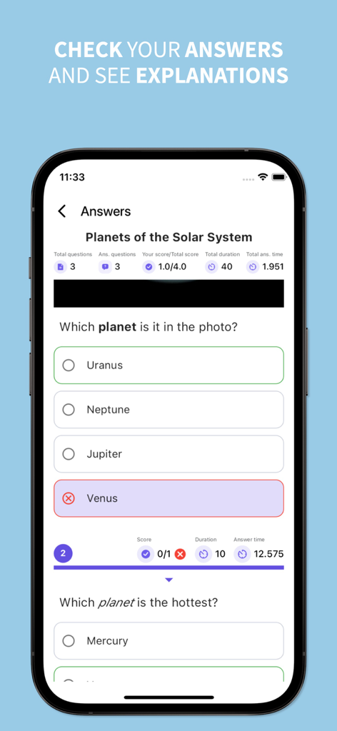 Synak Pro app interface showing quiz results and explanations for solar system questions