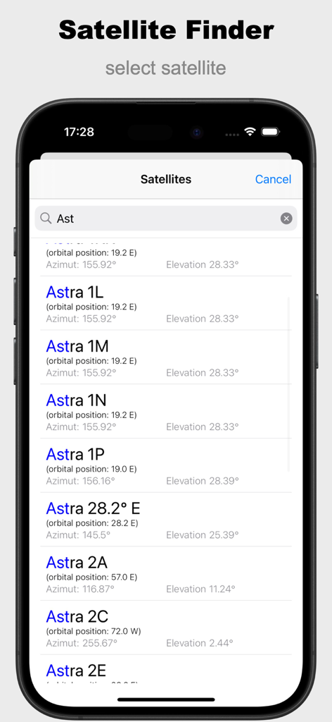 Una pantalla de resultados de búsqueda en la aplicación Buscador de Satélites Pro que muestra una lista de satélites Astra con sus coordenadas.