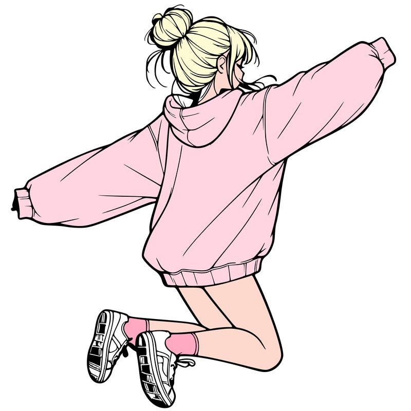 realistic girl jumping with a bun and oversized sweatshirt