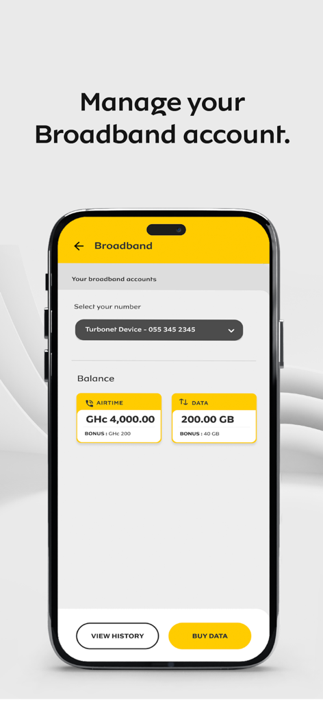My MTN Ghana - My MTN Ghana app interface showing broadband account balances for airtime and data