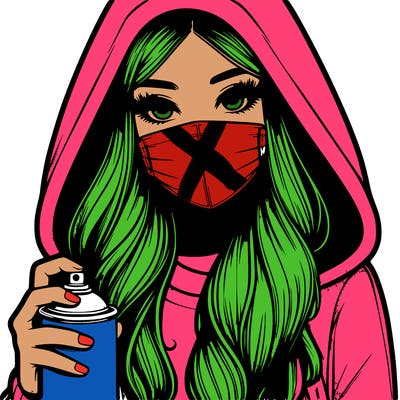 girl wearing a mask with long hair with her hood up spray-painting realistic