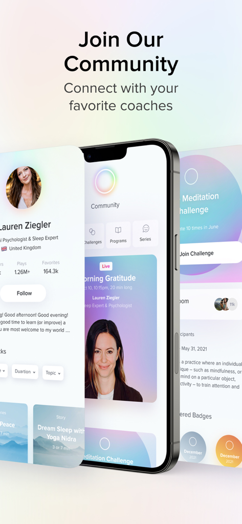 Smartphone displaying the Aura app community page and wellness coach profiles