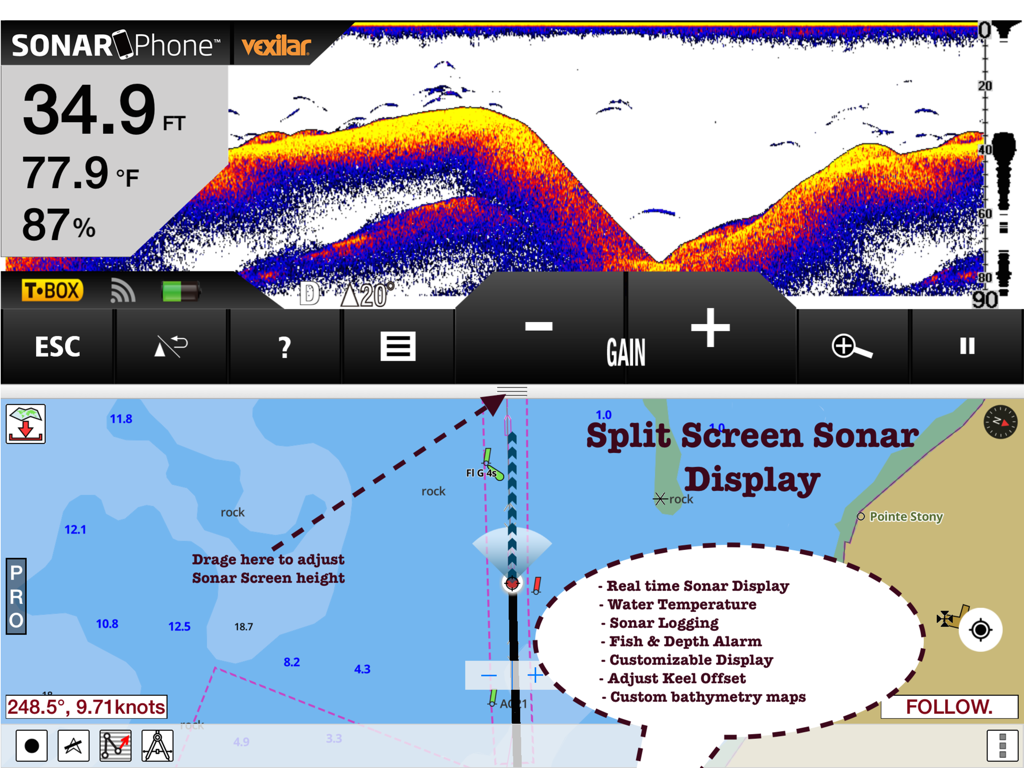 i-Boating:HD Gps Marine Charts - Split screen view of the i-Boating app displaying real-time sonar data and nautical navigation charts on an iPad.
