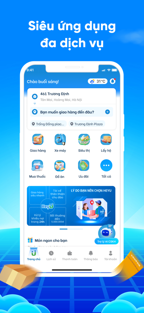 HeyU: Giao hàng thần tốc - Home screen interface of the HeyU delivery and multi service app