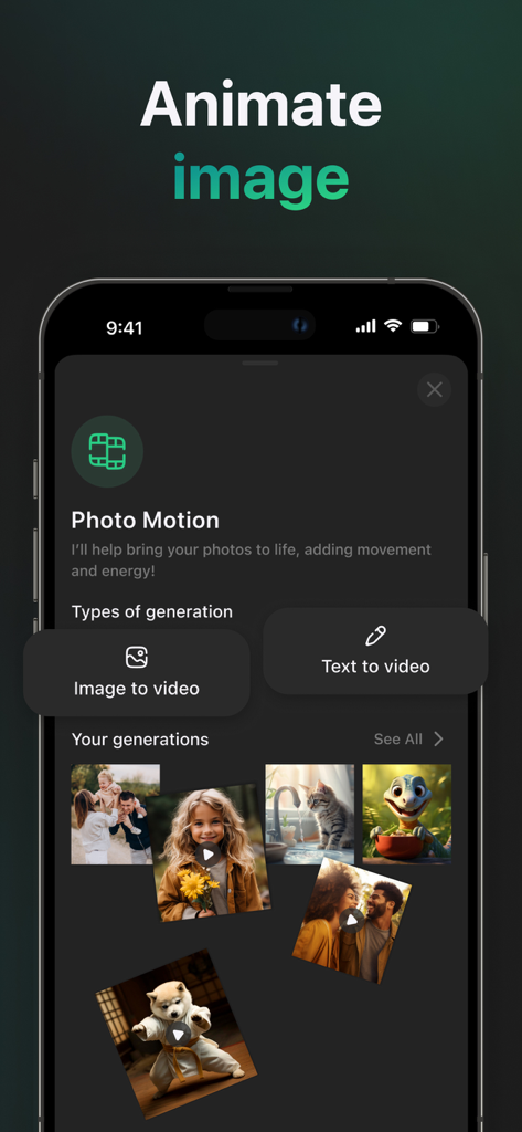 AI Master: Smart Assistant - AI Masterアプリのインターフェース。Photo Motion機能を表示し、画像から動画、テキストから動画への生成オプションを提供。