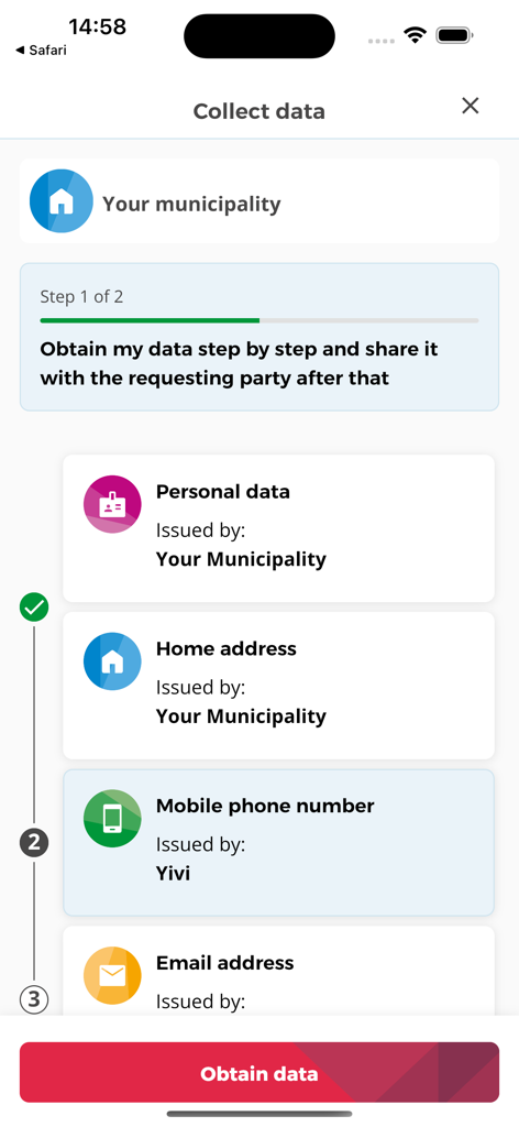 Yivi - A screen in the Yivi app showing the step-by-step process to collect personal data and address attributes from a municipality.