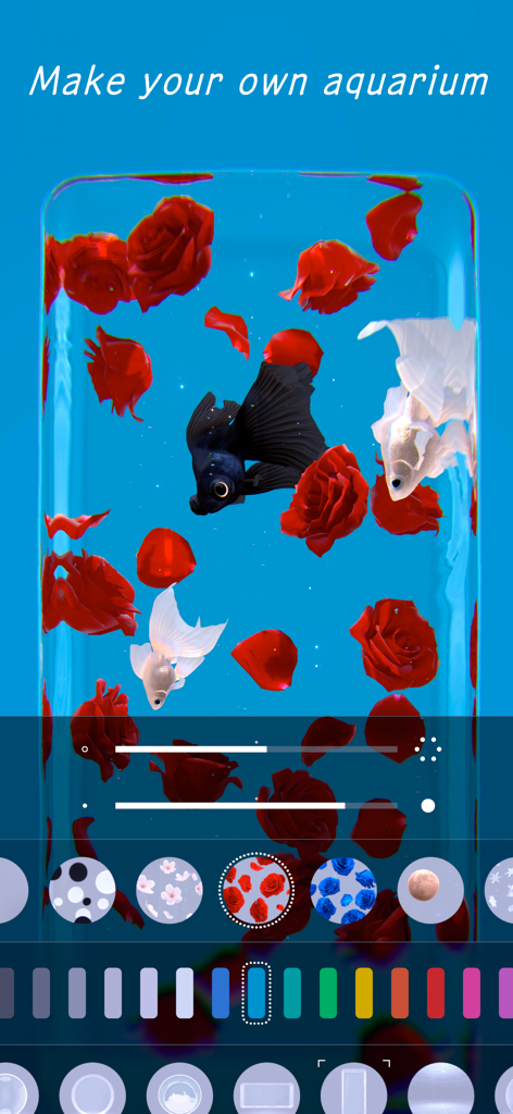 RYUKIN - RYUKIN app interface displaying goldfish swimming among red rose petals with various customization sliders and pattern options