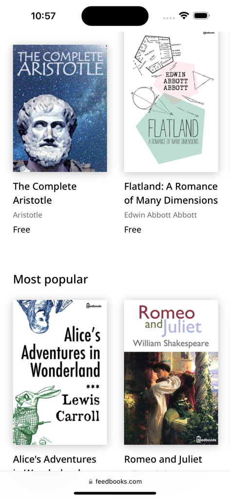 Mobile screen showing a collection of free classic eBooks including Aristotle and Alice in Wonderland