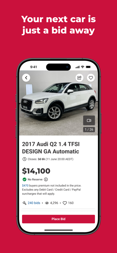 Grays auction app screen showing a 2017 Audi Q2 listing with price and place bid button