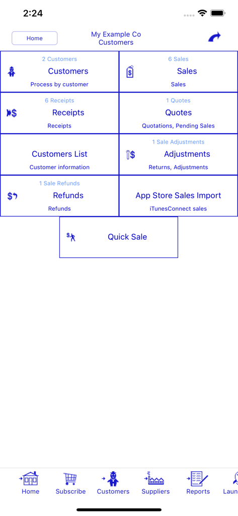 Bookkeeping - Panel de la aplicación Bookkeeping para gestionar recibos de ventas de clientes, presupuestos y ajustes