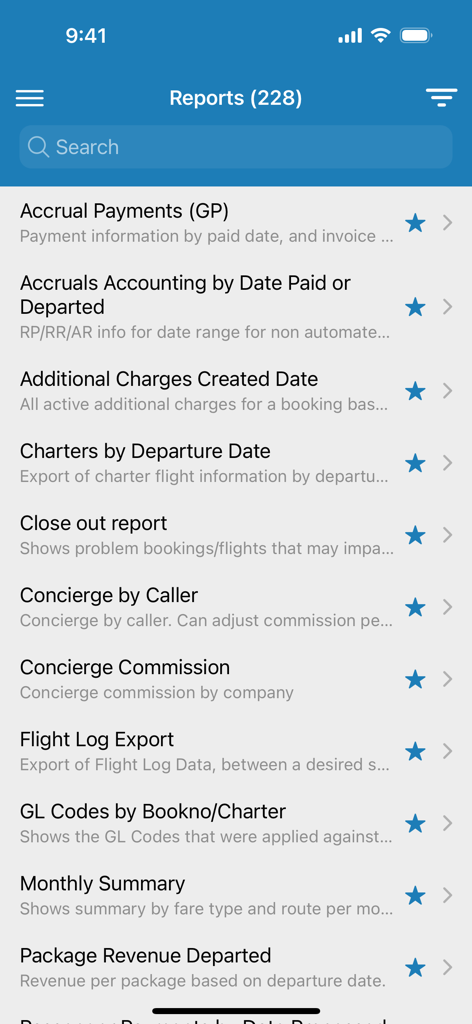 Takeflite Go app showing a list of operational reports for aviation management
