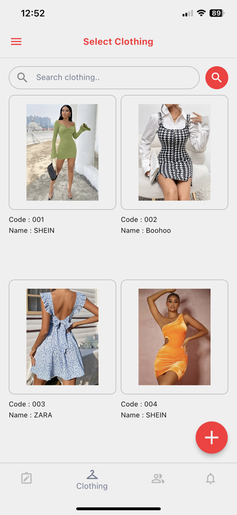 My Atelier Online - Mobile app screen showing a selection of dresses from various brands for rental inventory management.