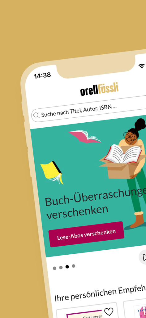 Orell Füssli – Mein Buch - Orell Fuessli book app home screen showing a search bar and a banner for book gift subscriptions