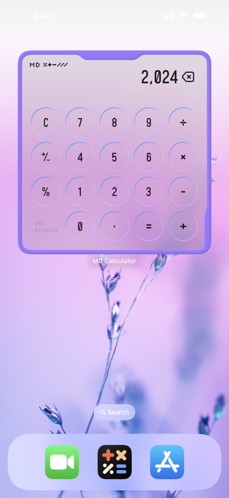 MD Calculator - Purple skeuomorphic calculator widget on a customized iPhone home screen