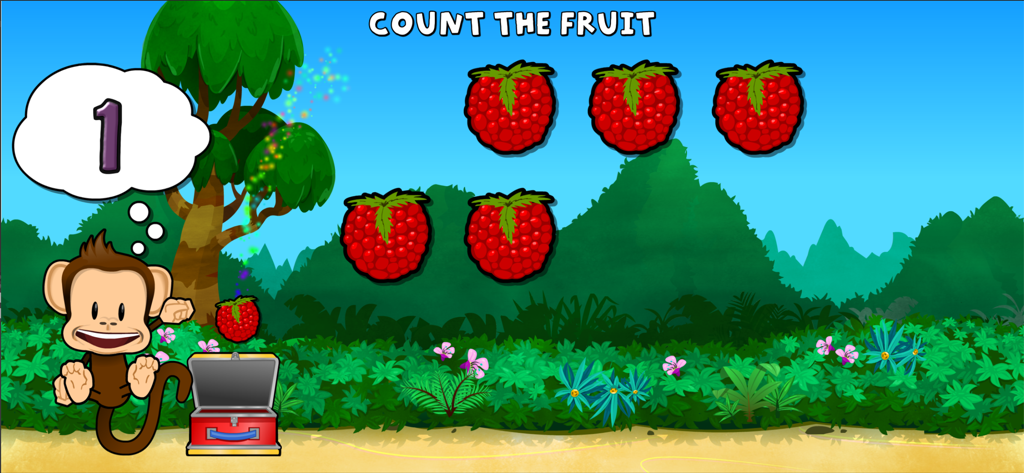 Cartoon monkey teaching counting with raspberries in the Monkey Preschool Lunchbox app